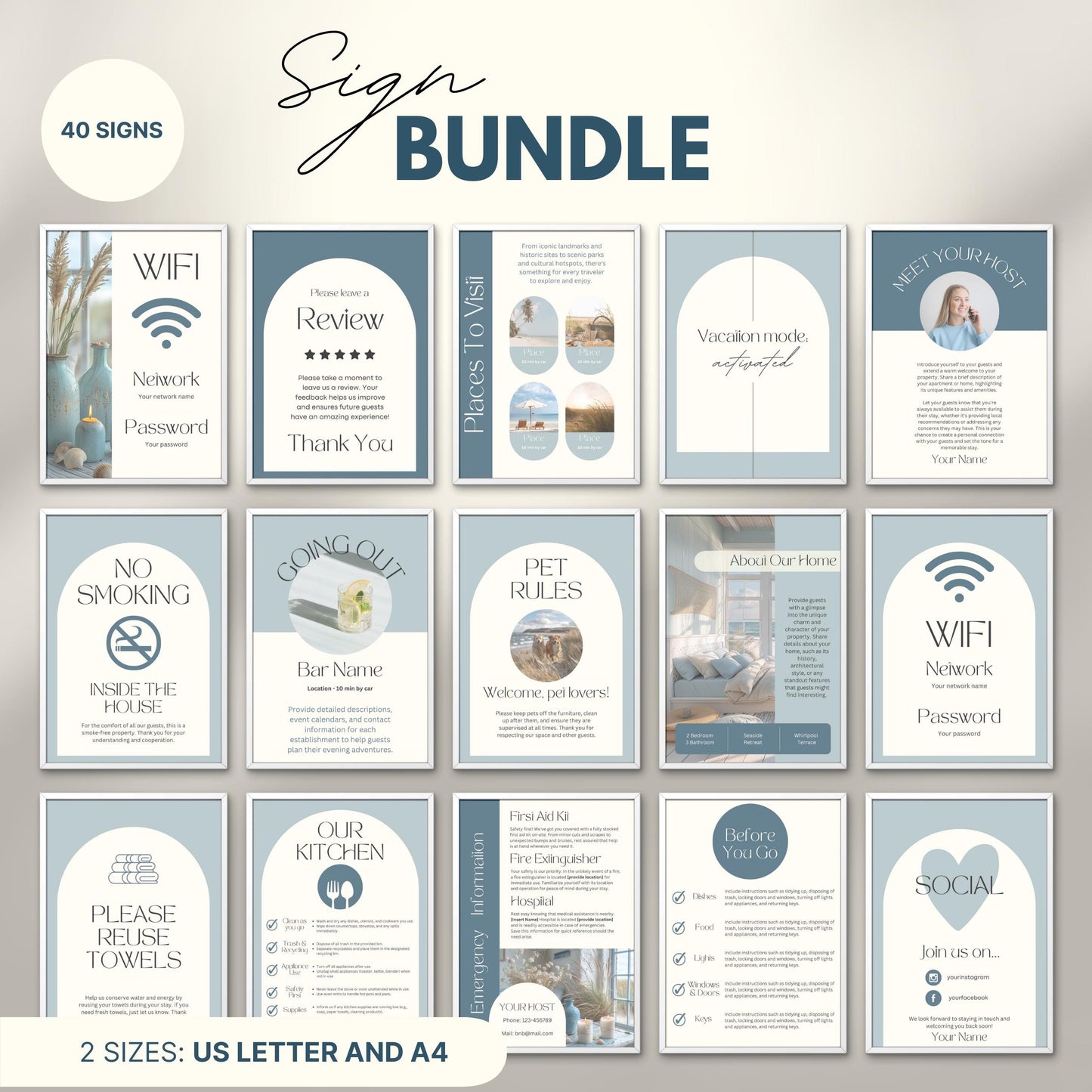 Overview of a airbnb host bundle showing airbnb signs in us letter and a4.