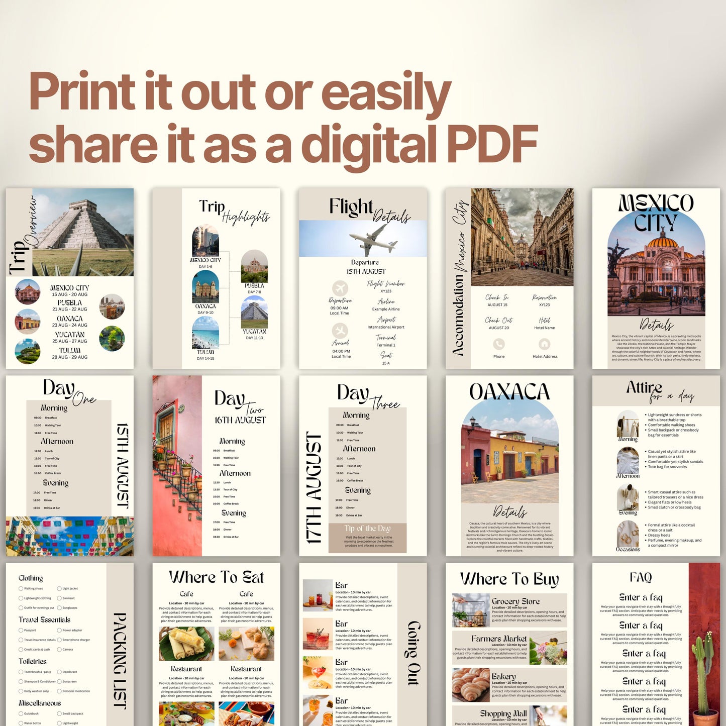 A preview layout showing multiple pages from a travel itinerary template. The design is modern, organized, and visually rich with photos of destinations, local cuisine, and cultural icons.