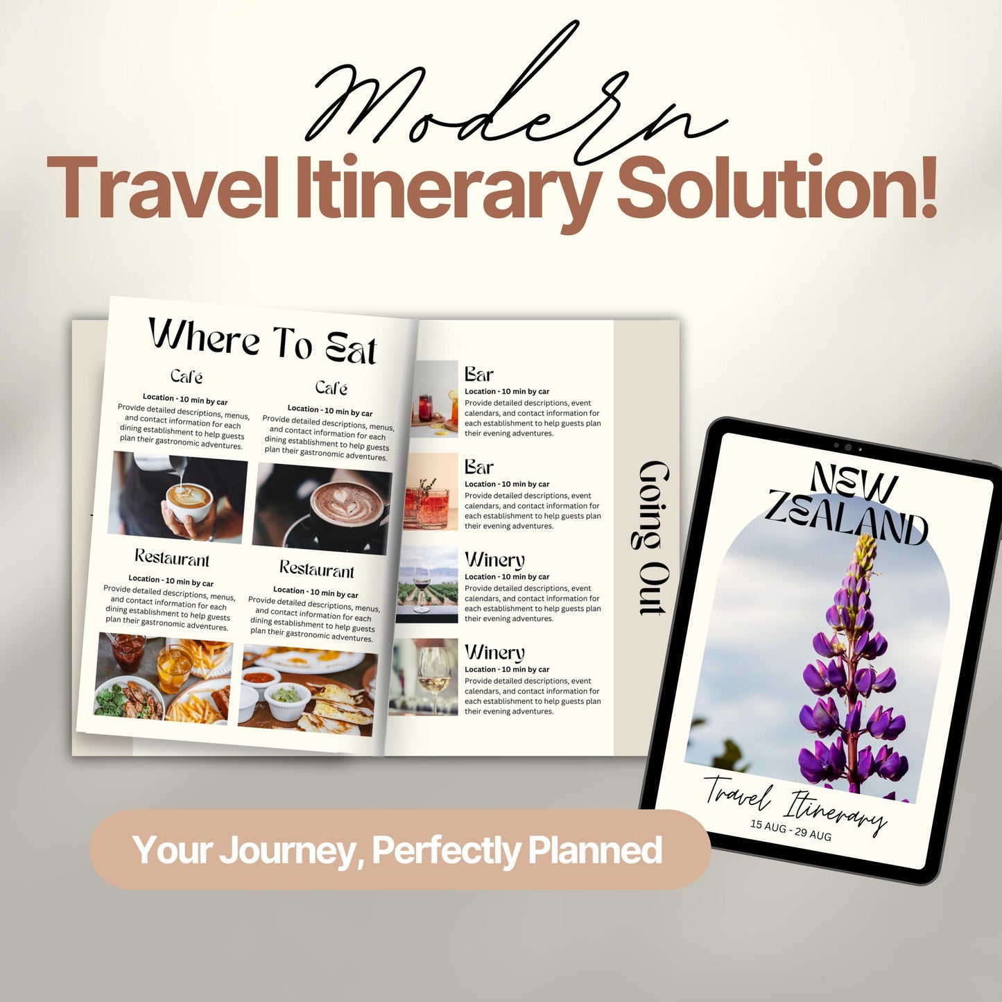 A promotional image titled “Modern Travel Itinerary Solution!” featuring a travel itinerary.