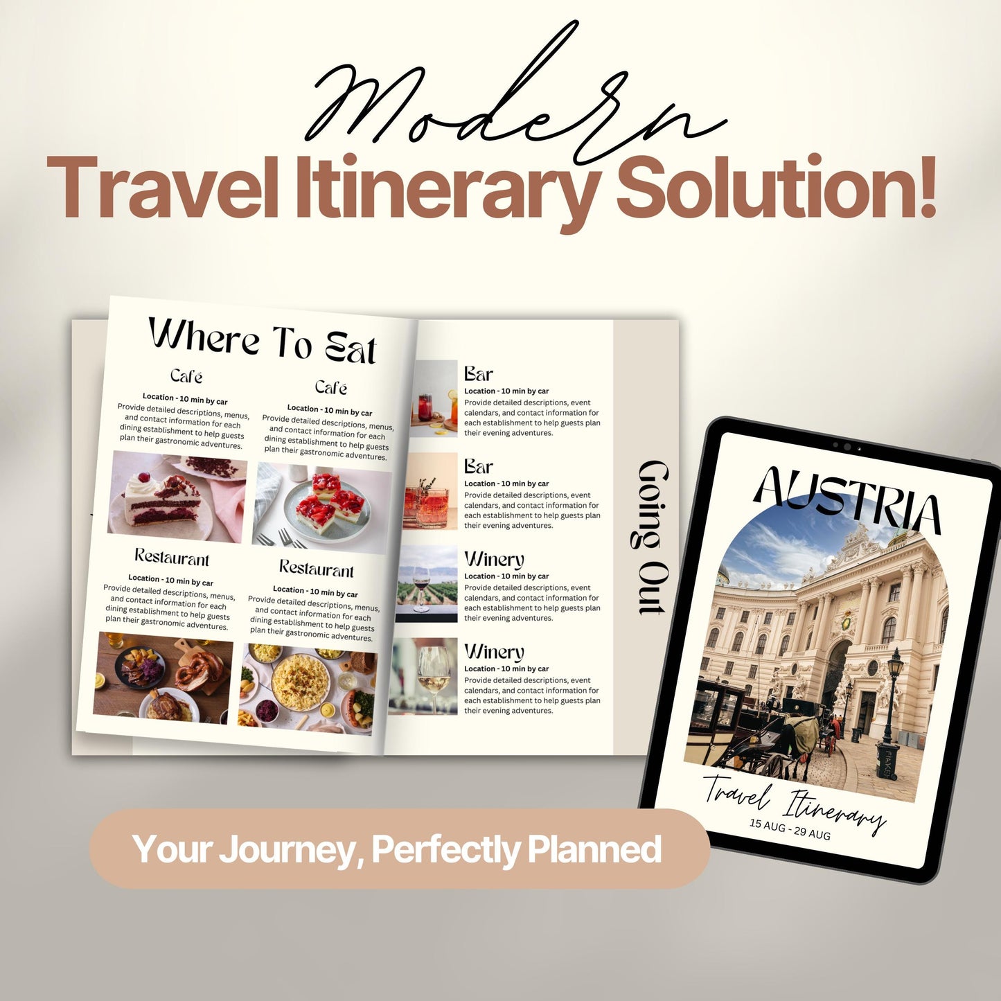 A promotional image titled “Modern Travel Itinerary Solution!” featuring a travel itinerary.