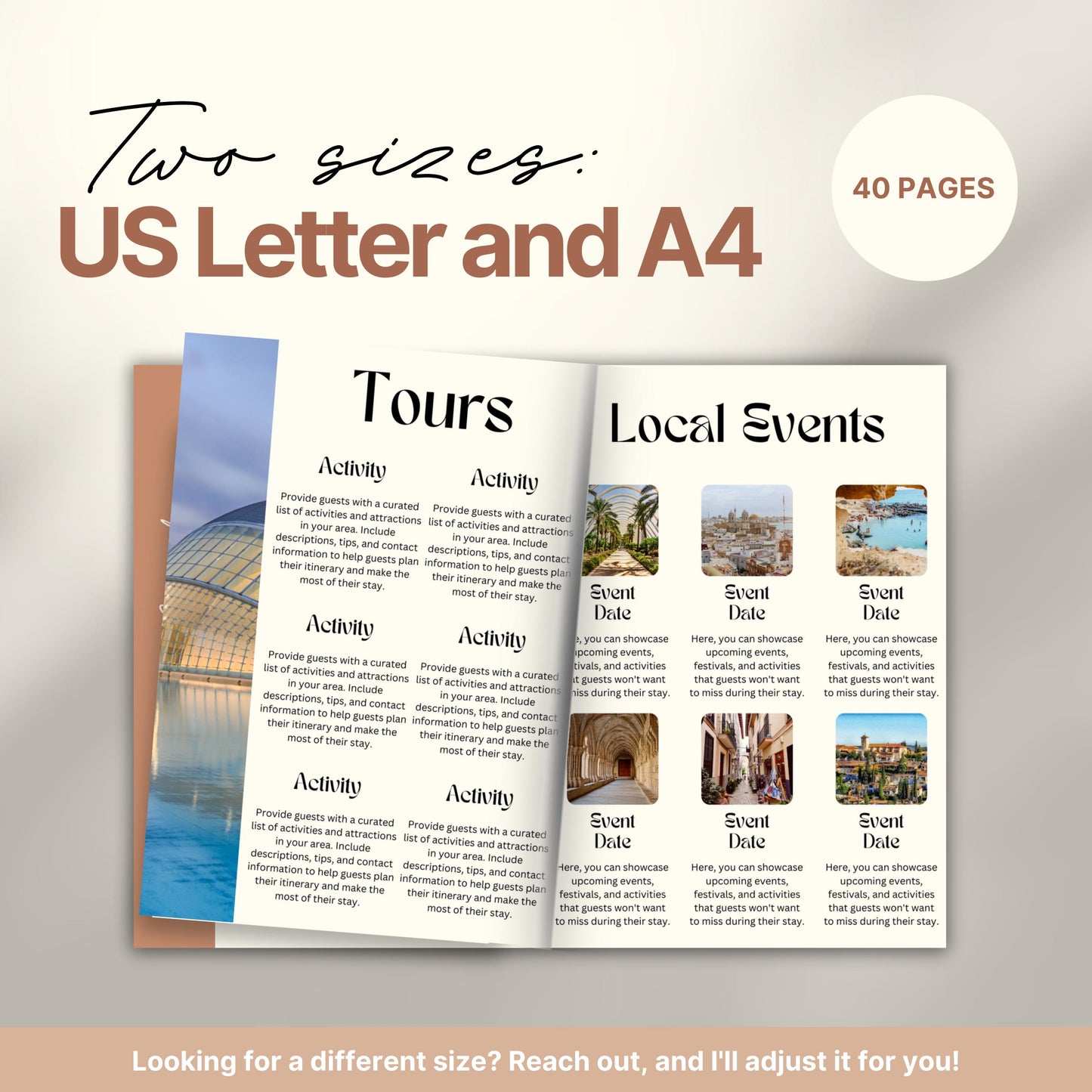 Travel itinerary template displayed in two formats: US Letter and A4 sizes, featuring organized trip details, minimalist design, and printable layout for easy planning.