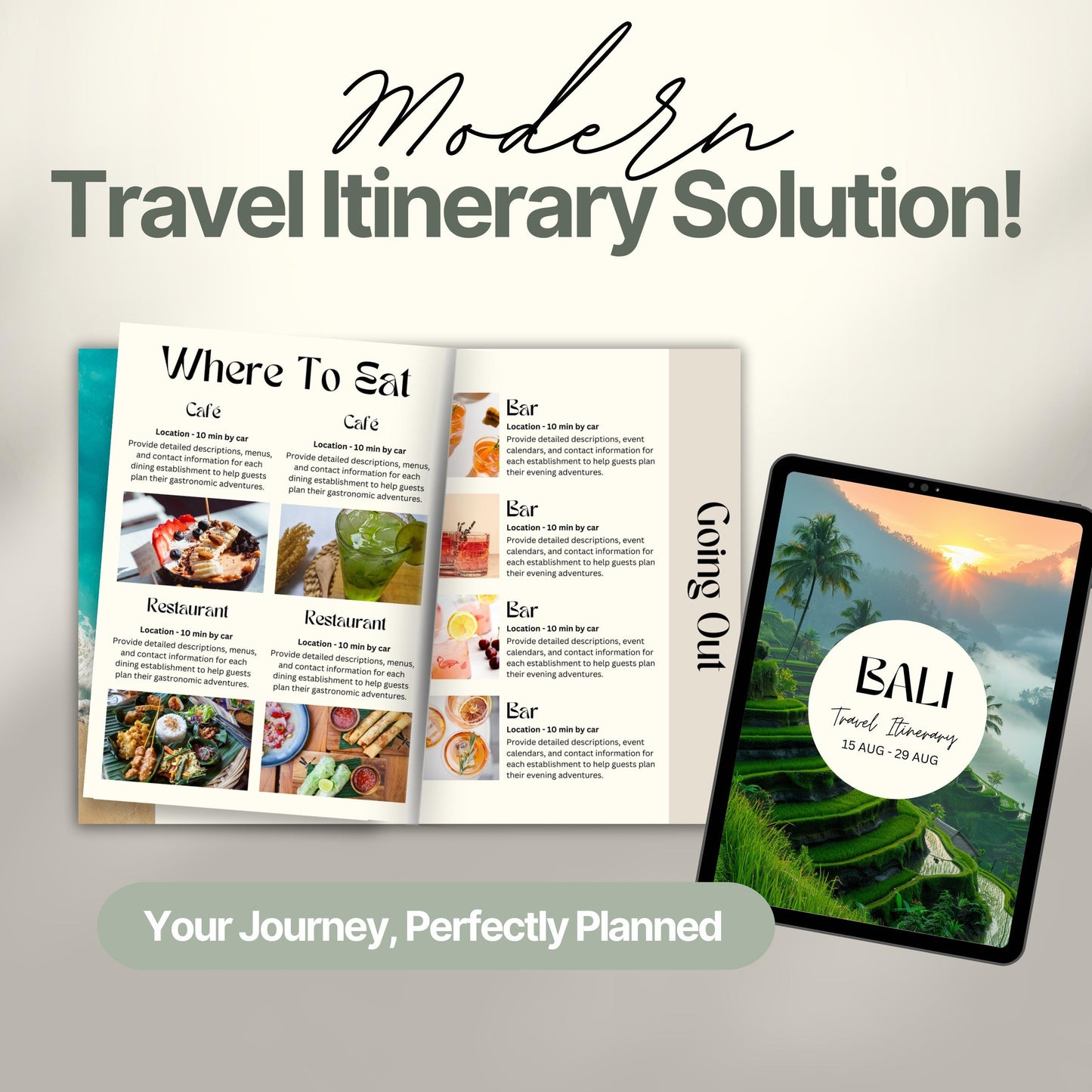 A promotional image titled “Modern Travel Itinerary Solution!” featuring a travel itinerary.