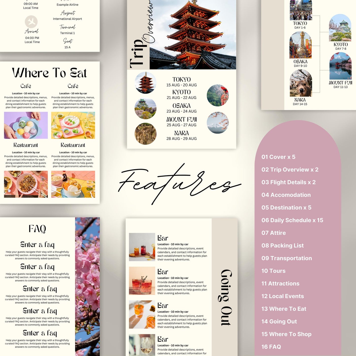Travel itinerary template with features like daily schedule, accommodation and transportation details, packing checklist.