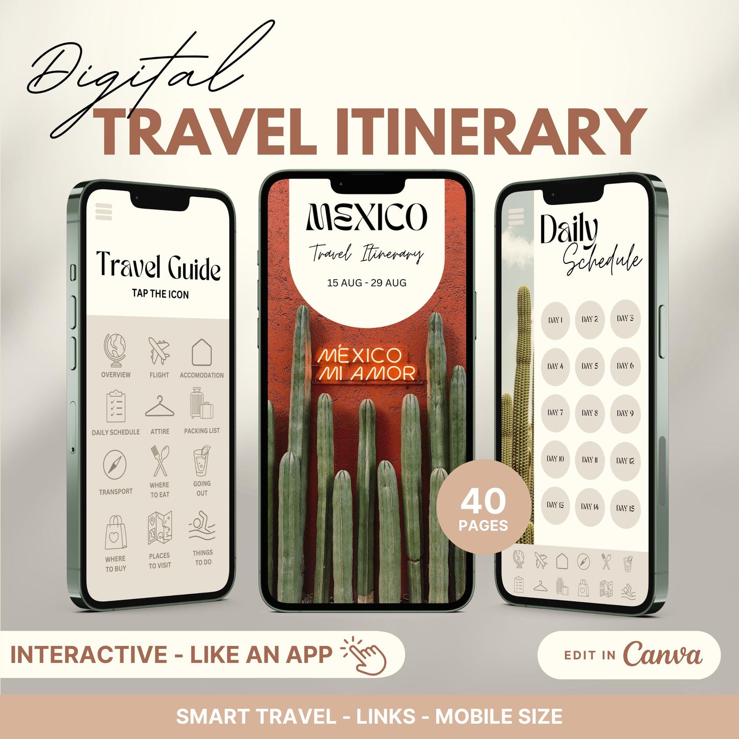 Digital travel itinerary displayed on three smartphones, featuring an interactive travel guide, daily schedule, and itinerary cover.