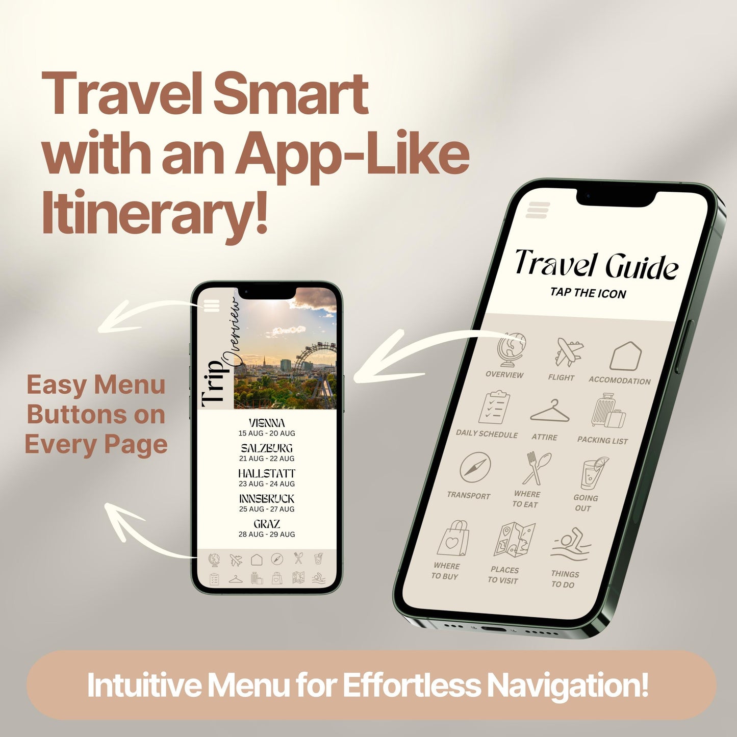 Two smartphones display a digital travel itinerary designed to look and function like an app. Bold text highlights features like "Easy Menu Buttons on Every Page" and "Intuitive Menu for Effortless Navigation!"