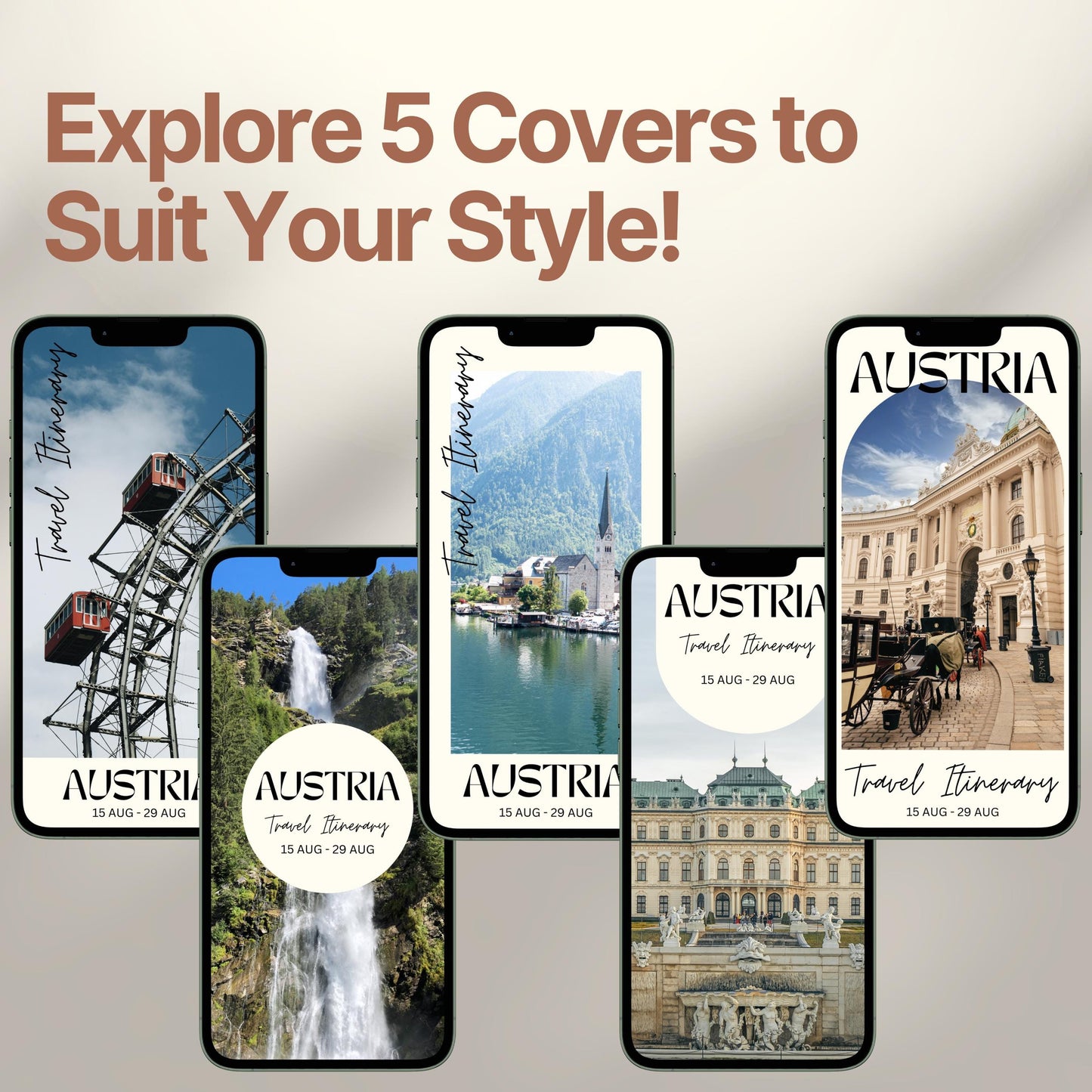 Five smartphone screens display different stylish cover designs. The headline above reads “Explore 5 Covers to Suit Your Style!” showcasing customization options for travelers.