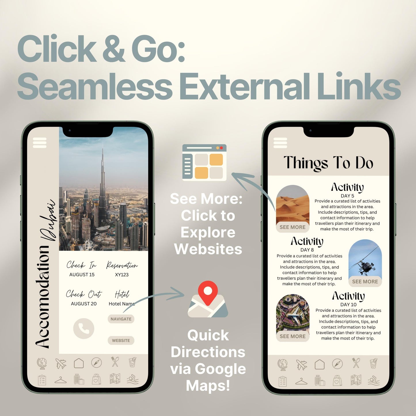 Two smartphones display an interactive digital travel guide interface. Text highlights features like “Quick Directions via Google Maps!” and “Click to Explore Websites,” emphasizing seamless external link integration for an app-like travel experience.
