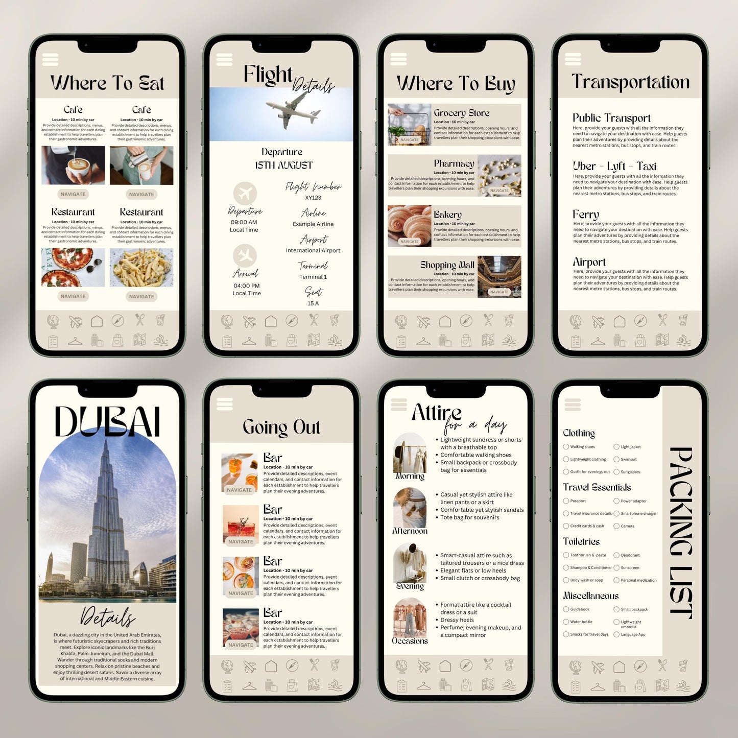 A collage of eight smartphone screens showcases a digital travel itinerary interface. Each screen displays different sections.