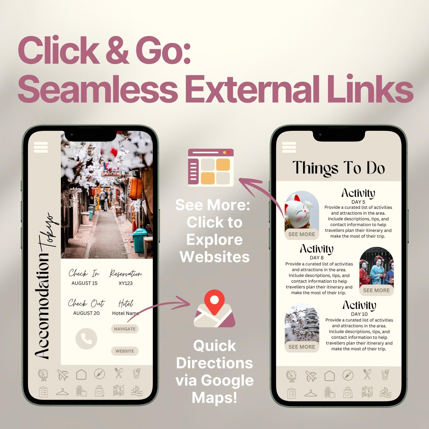 Two smartphones display an interactive digital travel guide interface. Text highlights features like “Quick Directions via Google Maps!” and “Click to Explore Websites,” emphasizing seamless external link integration for an app-like travel experience.