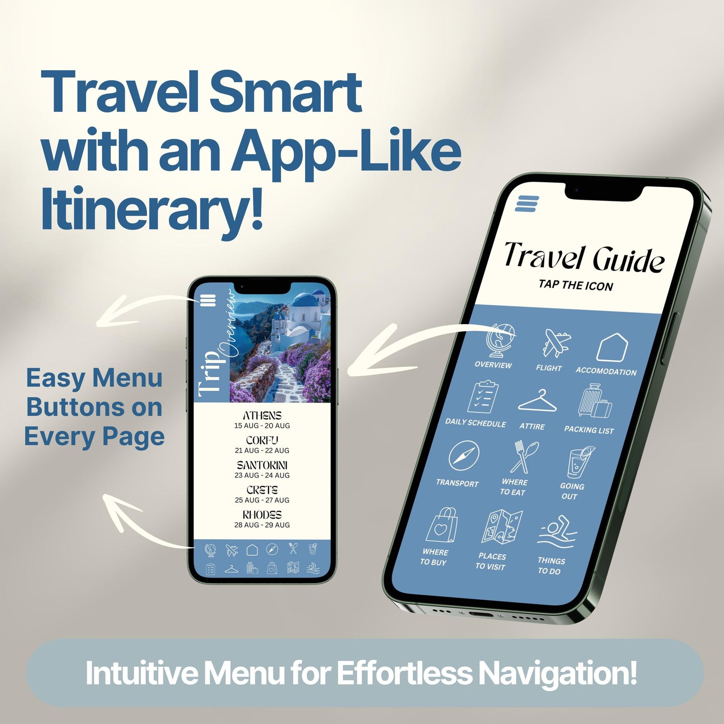 Two smartphones display a digital travel itinerary designed to look and function like an app. Bold text highlights features like "Easy Menu Buttons on Every Page" and "Intuitive Menu for Effortless Navigation!"