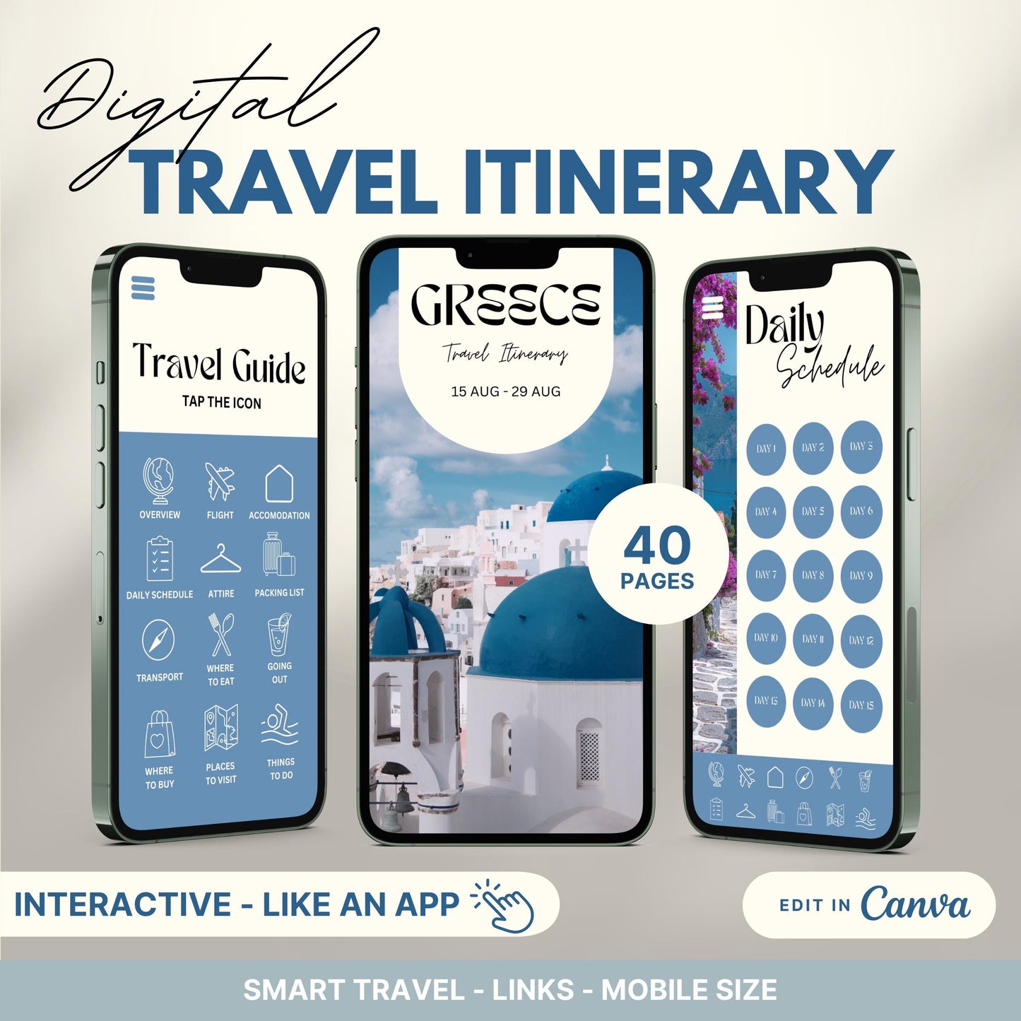 Digital travel itinerary displayed on three smartphones, featuring an interactive travel guide, daily schedule, and itinerary cover.