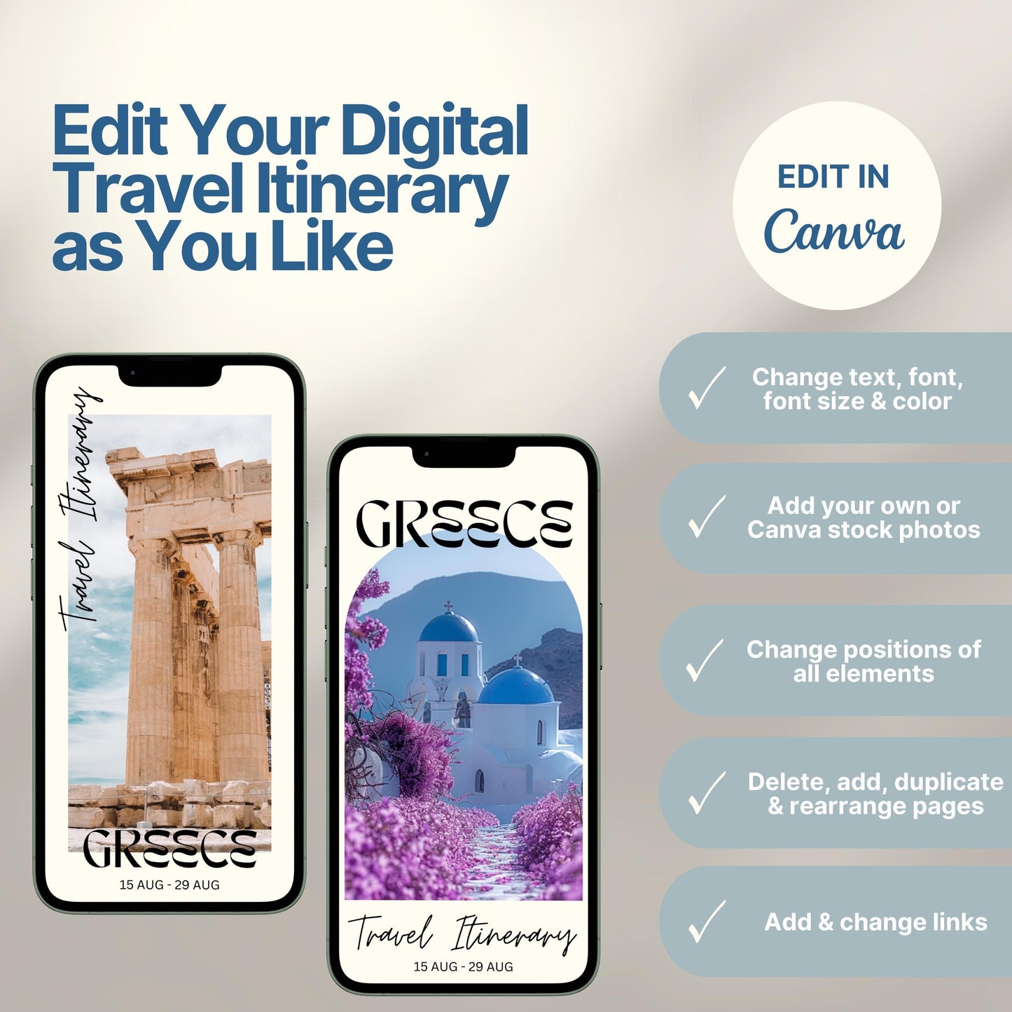 Two smartphones display customizable digital travel itinerary covers. The right side of the image lists editing features in Canva, including changing text, font, colors, images, layout, and links. A round badge reads “EDIT IN Canva,” emphasizing flexibility and personalization options.