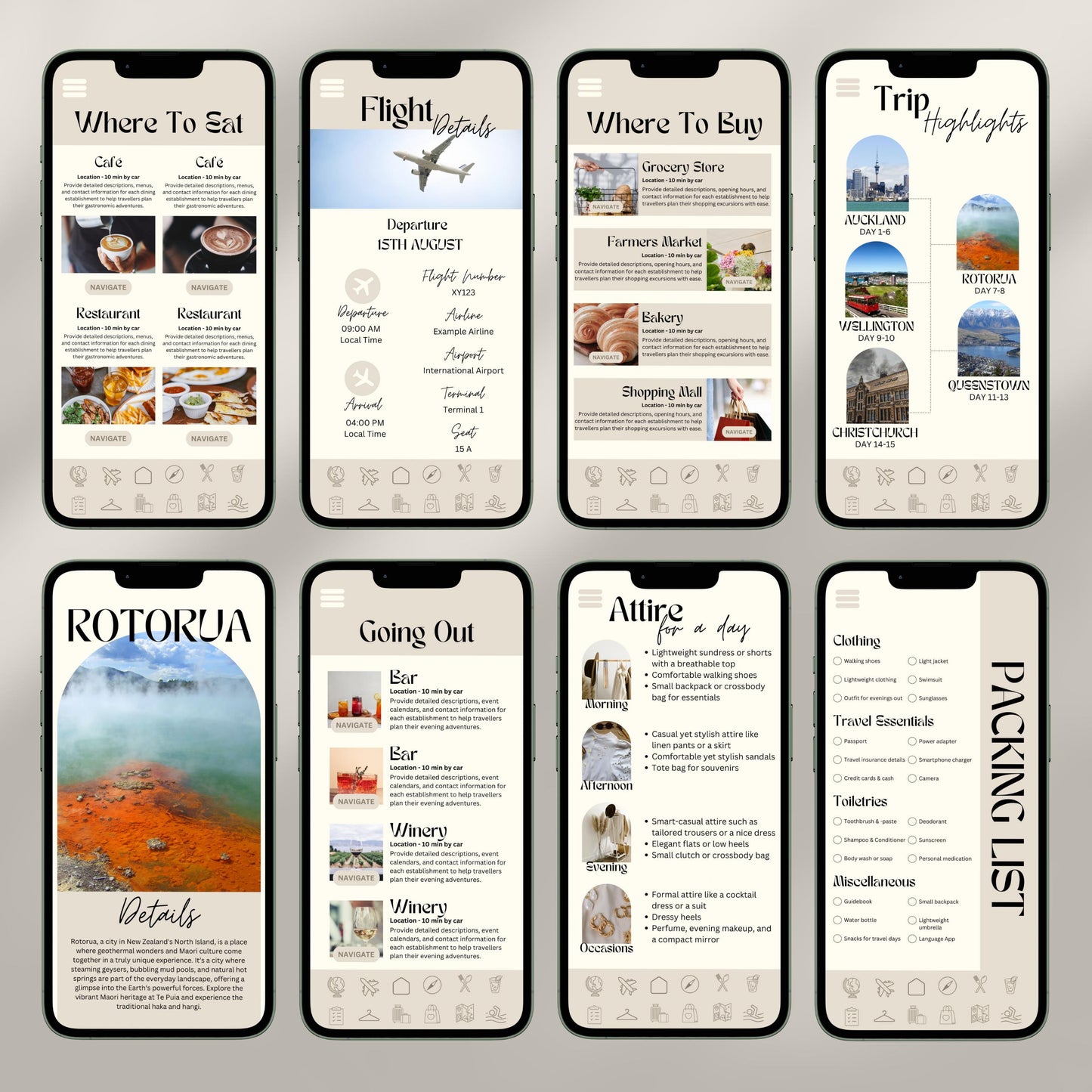 A collage of eight smartphone screens showcases a digital travel itinerary interface. Each screen displays different sections.