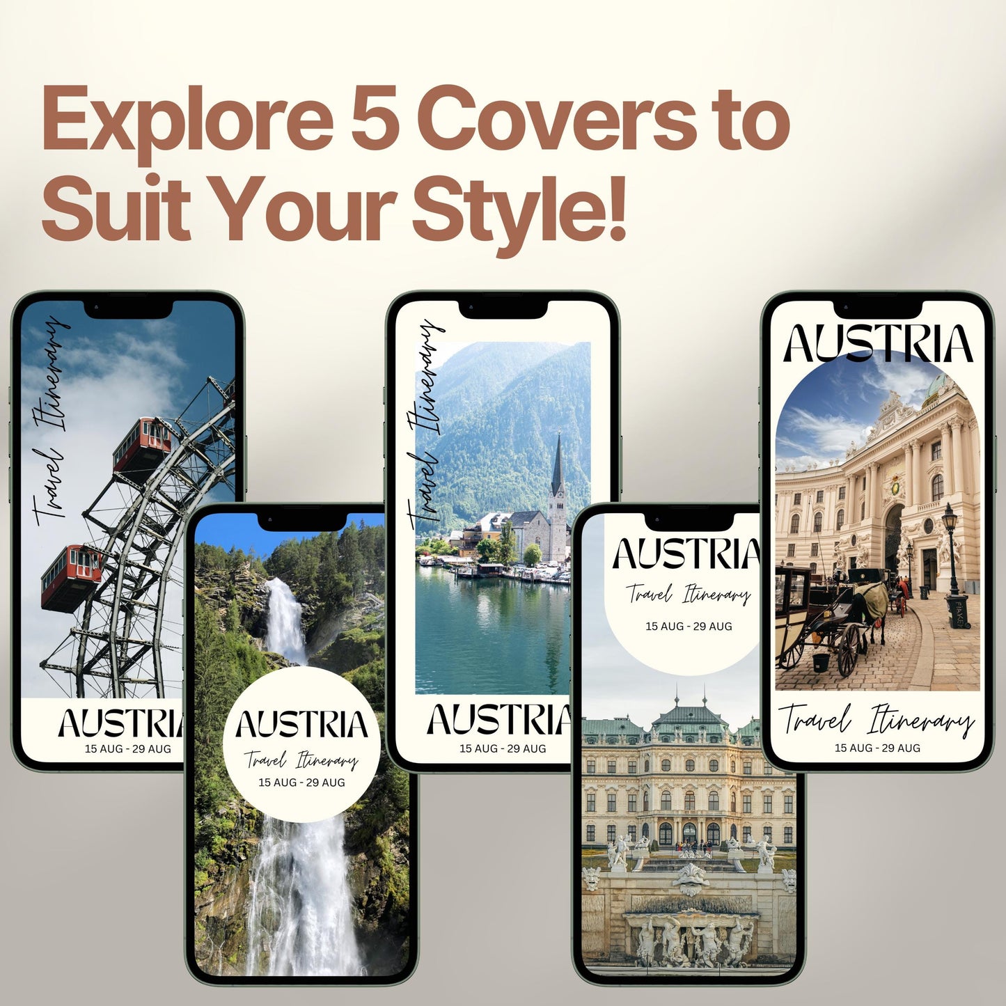 Five smartphone screens display different stylish cover designs. The headline above reads “Explore 5 Covers to Suit Your Style!” showcasing customization options for travelers.
