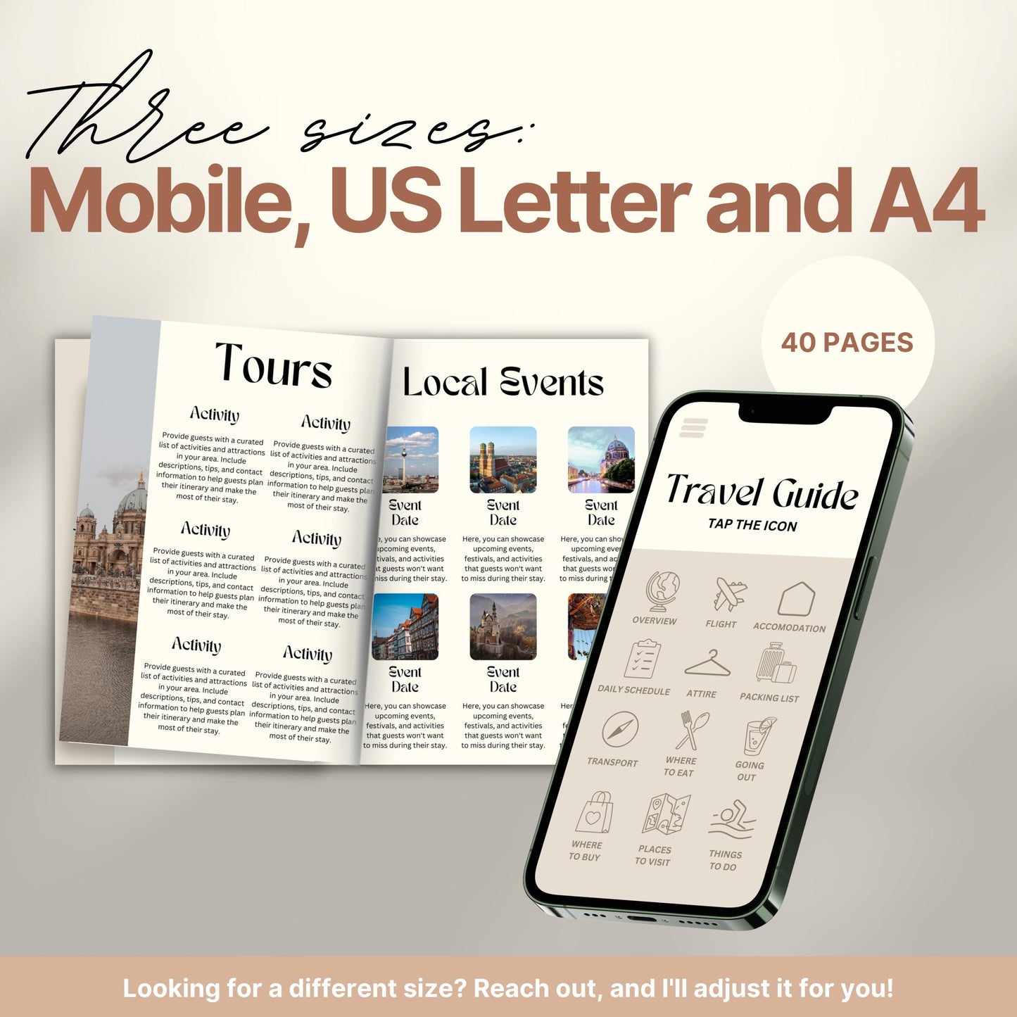 A promotional image for a travel itinerary template available in three sizes: Mobile, US Letter, and A4.