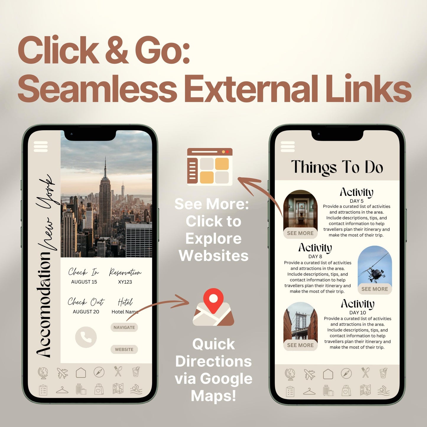 Two smartphones display an interactive digital travel guide interface. Text highlights features like “Quick Directions via Google Maps!” and “Click to Explore Websites,” emphasizing seamless external link integration for an app-like travel experience.