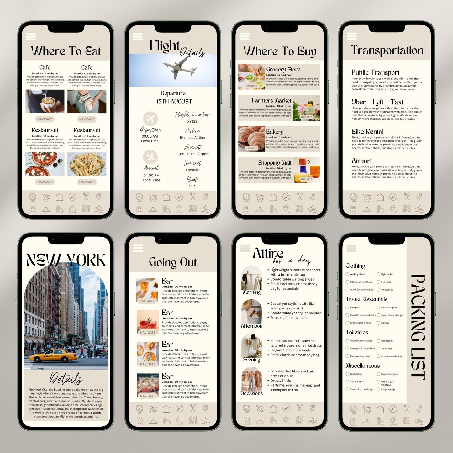 A collage of eight smartphone screens showcases a digital travel itinerary interface. Each screen displays different sections.