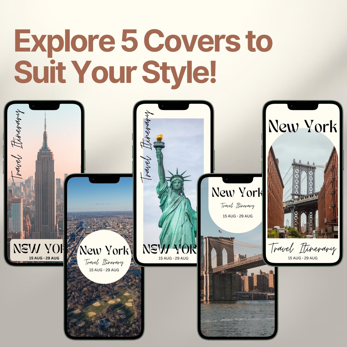 Five smartphone screens display different stylish cover designs. The headline above reads “Explore 5 Covers to Suit Your Style!” showcasing customization options for travelers.