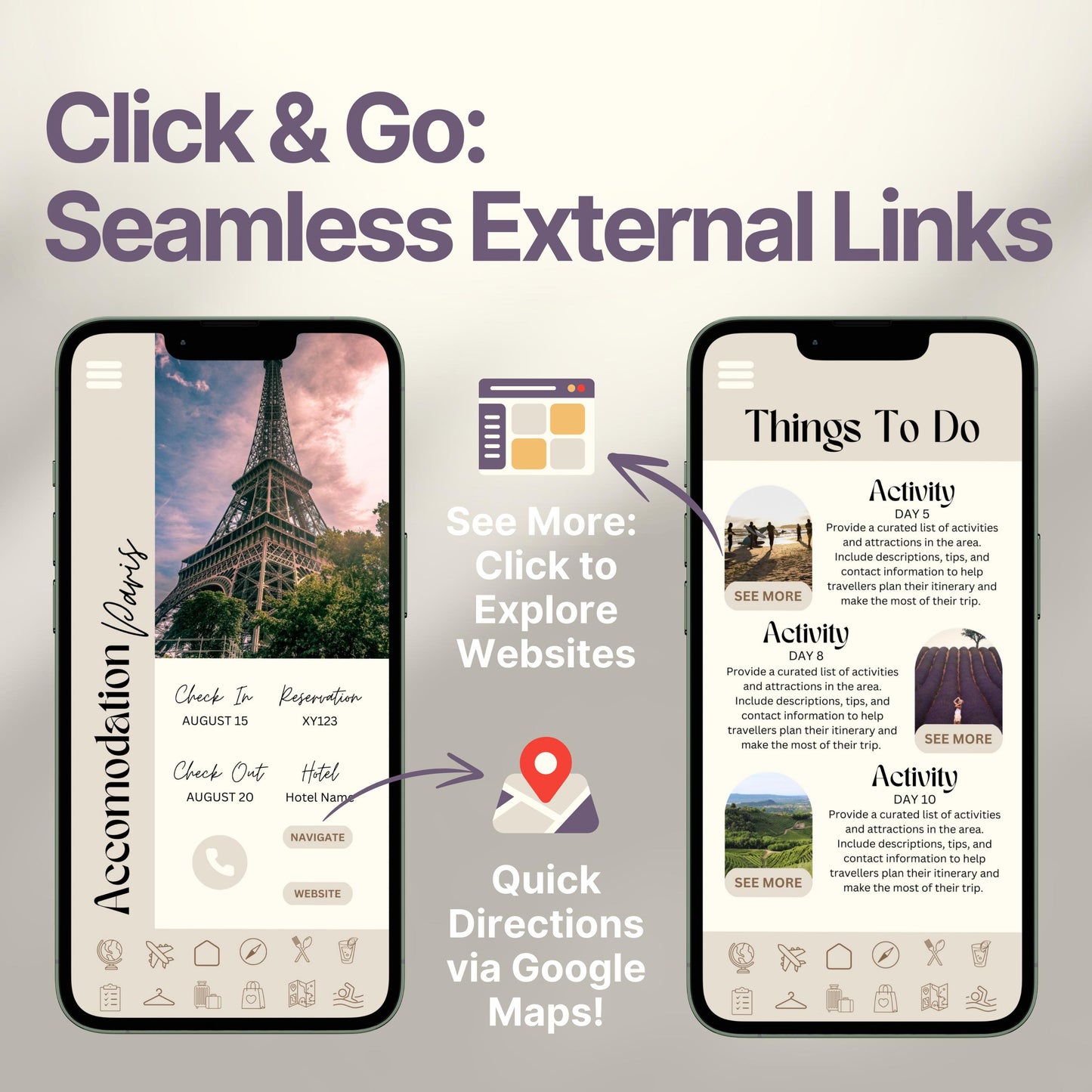 Two smartphones display an interactive digital travel guide interface. Text highlights features like “Quick Directions via Google Maps!” and “Click to Explore Websites,” emphasizing seamless external link integration for an app-like travel experience.