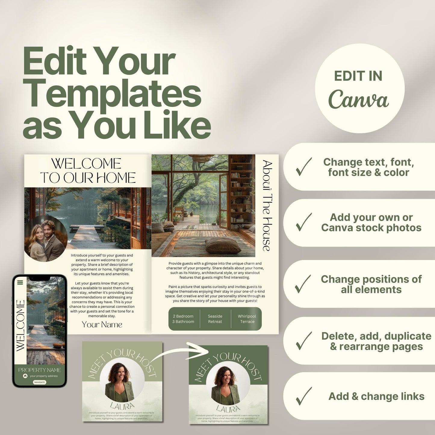 Editable Airbnb host welcome guide template, featuring welcome messages, house description, and host introduction. Includes checklist of customizable elements such as text, photos, layout, and links, all editable in Canva.