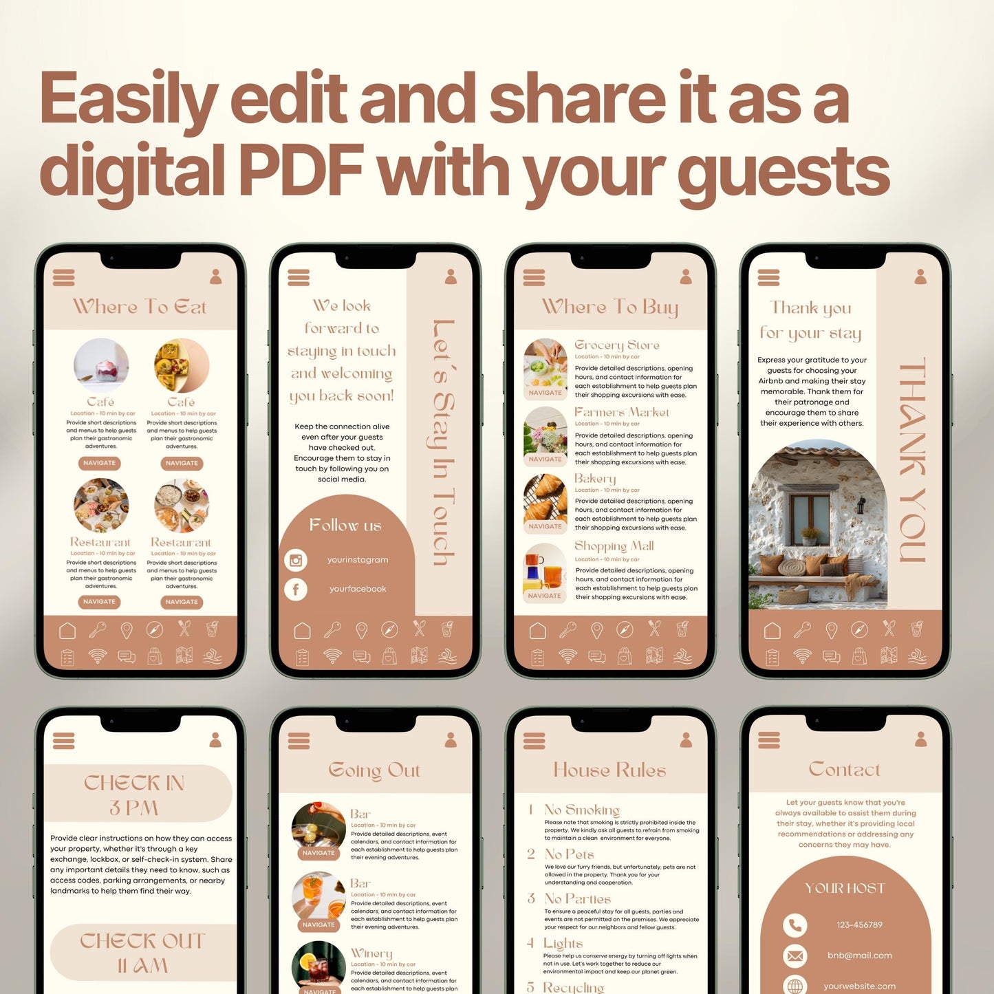 Smartphones display various pages of a digital Airbnb welcome book. The top header reads, "Easily edit and share it as a digital PDF with your guests," emphasizing customization and digital sharing convenience.