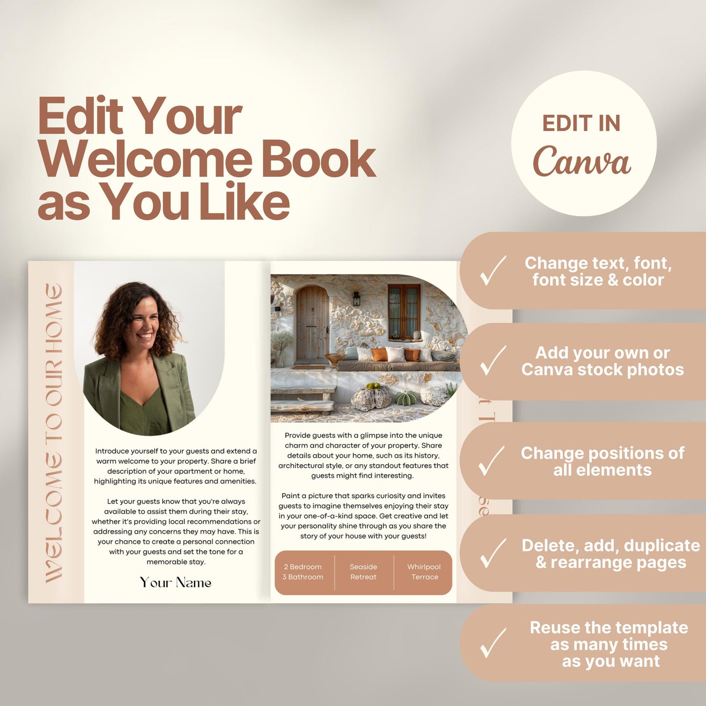 Editable Airbnb host welcome guide template, featuring welcome messages, house description, and host introduction. Includes checklist of customizable elements such as text, photos, layout, and links, all editable in Canva.