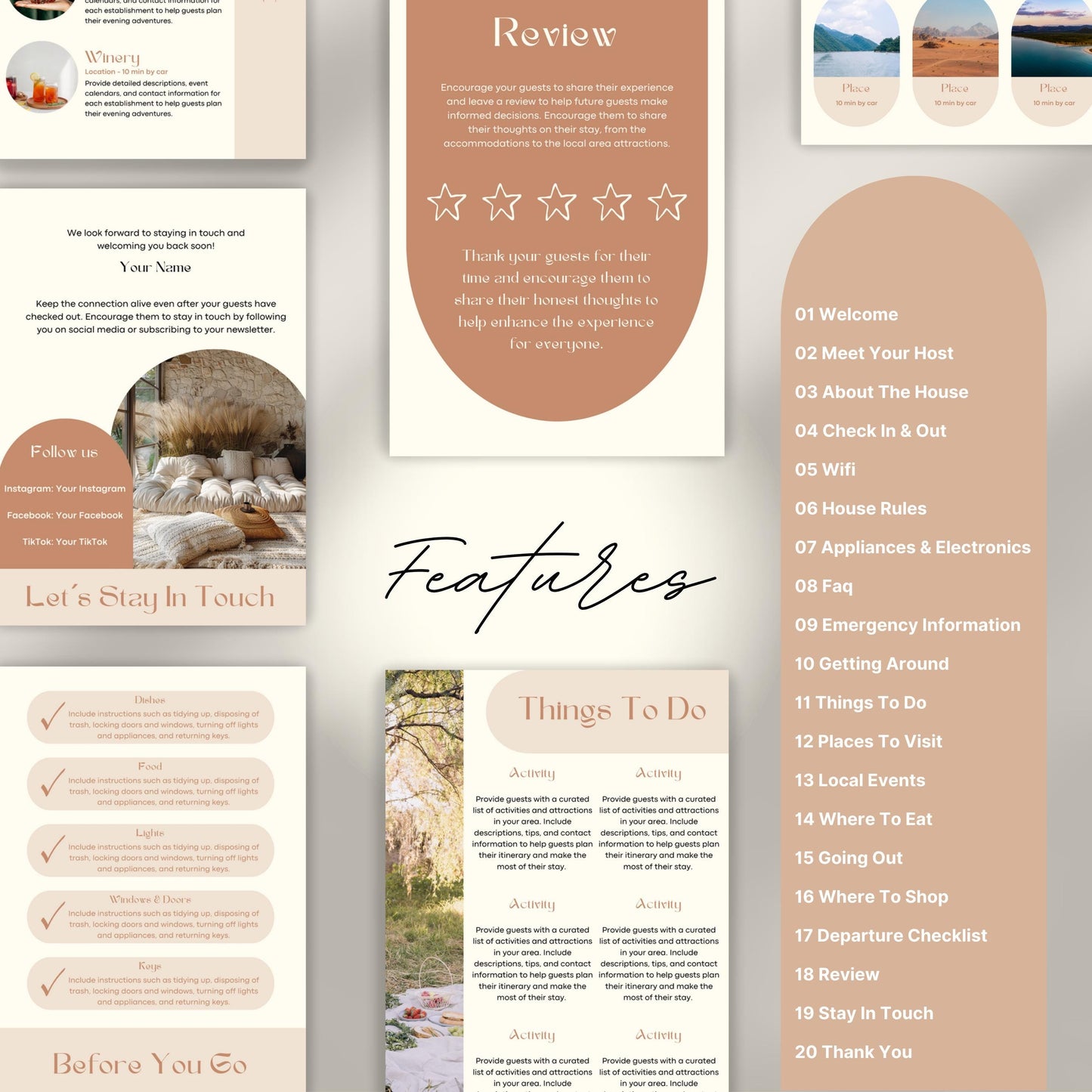 A promotional layout for a Airbnb Welcome Book template. The image displays various page samples including sections like “Review,” “Things To Do,” “Let’s Stay In Touch,” and “Before You Go.”