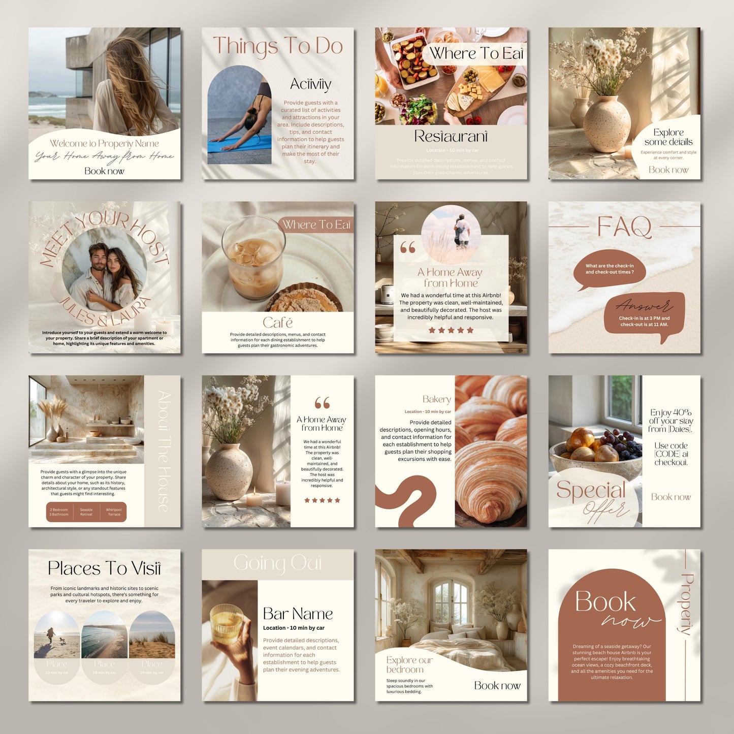 Grid of Instagram post templates for Airbnb hosts.