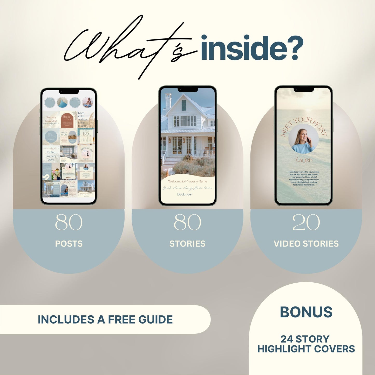 Overview graphic showing what's included in an Instagram bundle: 80 posts, 80 stories, 20 video stories, and a bonus of 24 story highlight covers, with a note that a free guide is included.