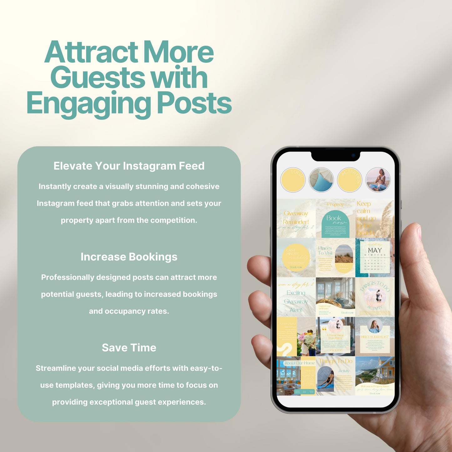 Promotional graphic showing a hand holding a phone with Airbnb Instagram templates, accompanied by text outlining benefits: elevate your feed, increase bookings, and save time with professionally designed posts.