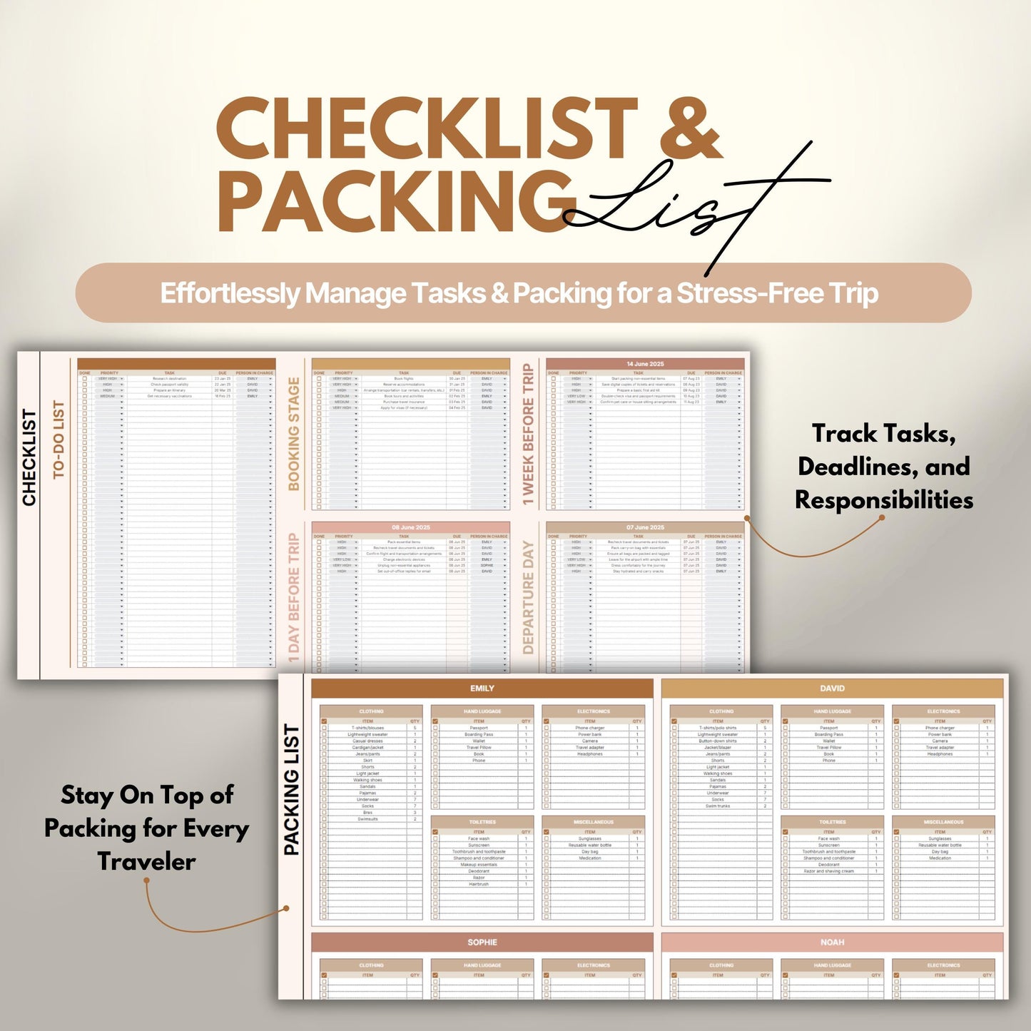 Overview of a digital travel planner showing the checlist and packing list.