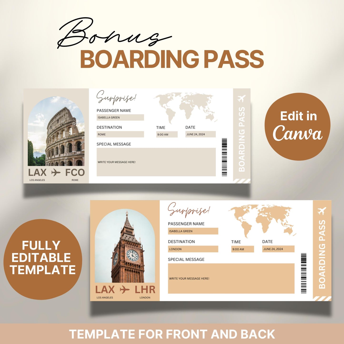 Editable Canva bonus boarding pass templates showing front and back designs with travel details for flights from Los Angeles to Rome and London. Each pass includes a destination image (Colosseum and Big Ben), a world map, and customizable fields for passenger name, date, time, and a personal message.