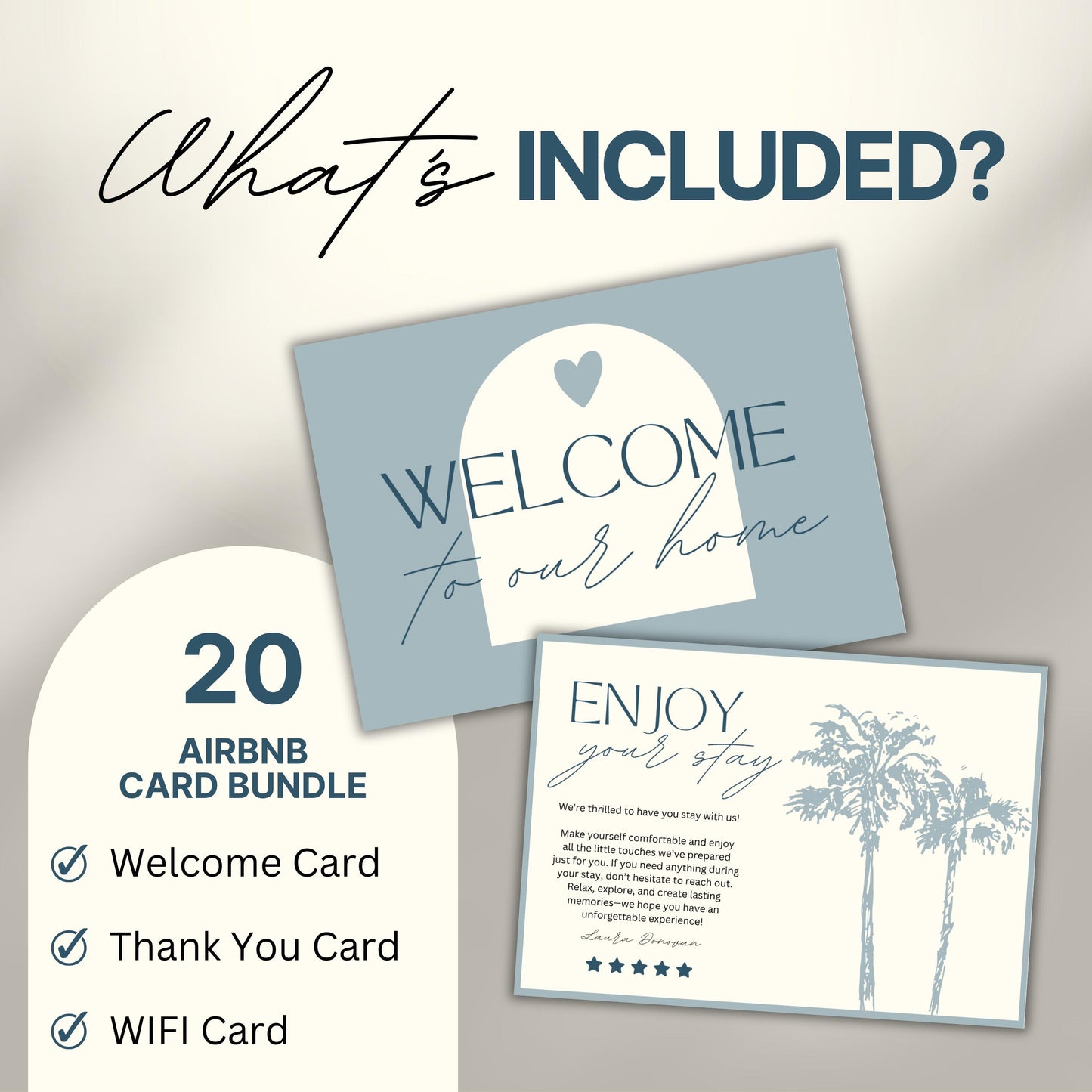 Graphic titled 'What's Included?' showing examples of Airbnb card templates including a welcome card and a thank you card.
