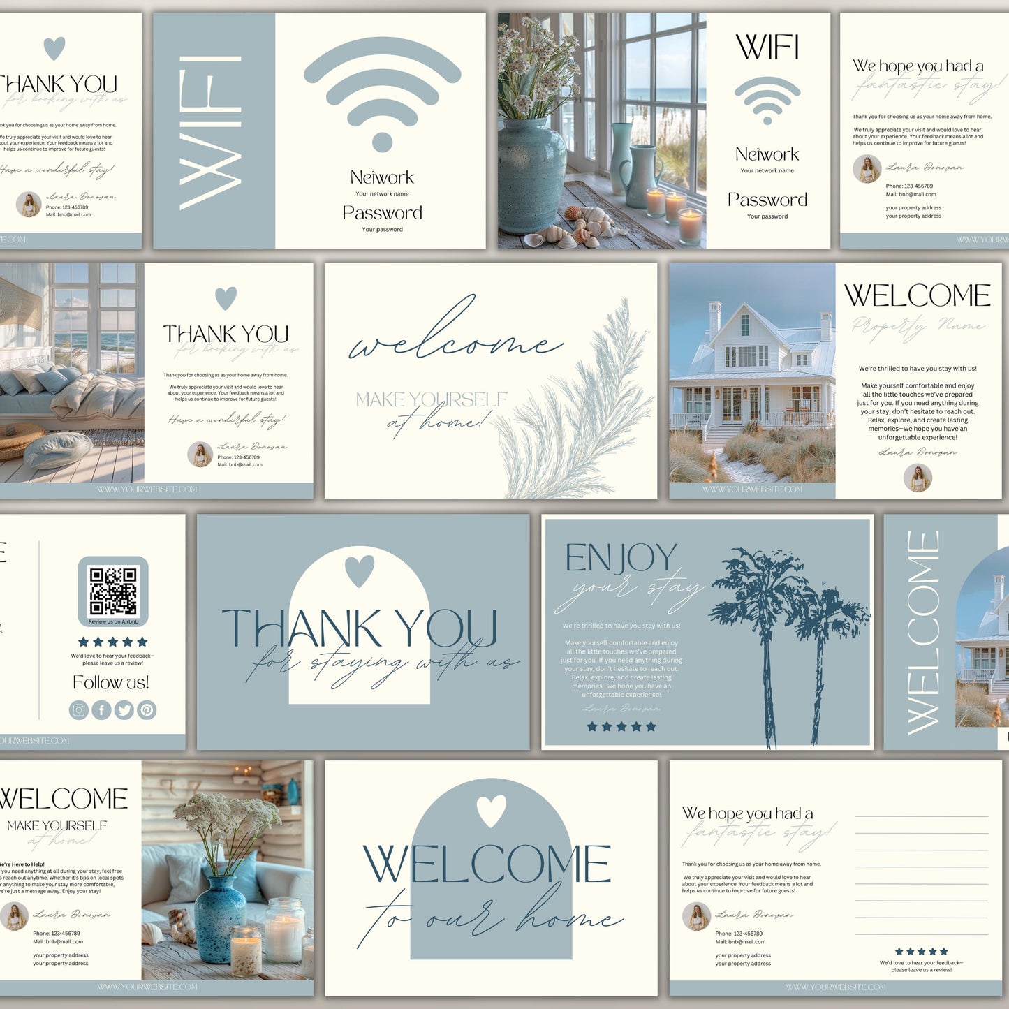 Collection of 20 neutral-toned Airbnb cards, including welcome, thank you, and WiFi cards, featuring modern typography, soft illustrations, and customizable layouts for short-term rental hosts.