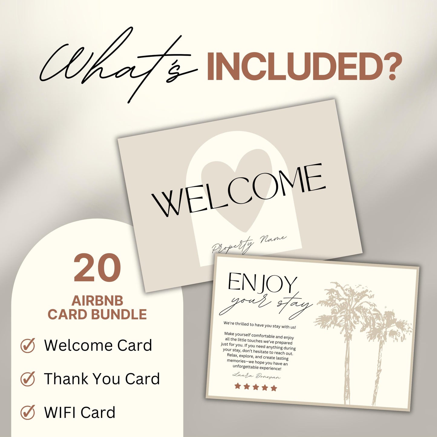 Graphic titled 'What's Included?' showing examples of Airbnb card templates including a welcome card and a thank you card.