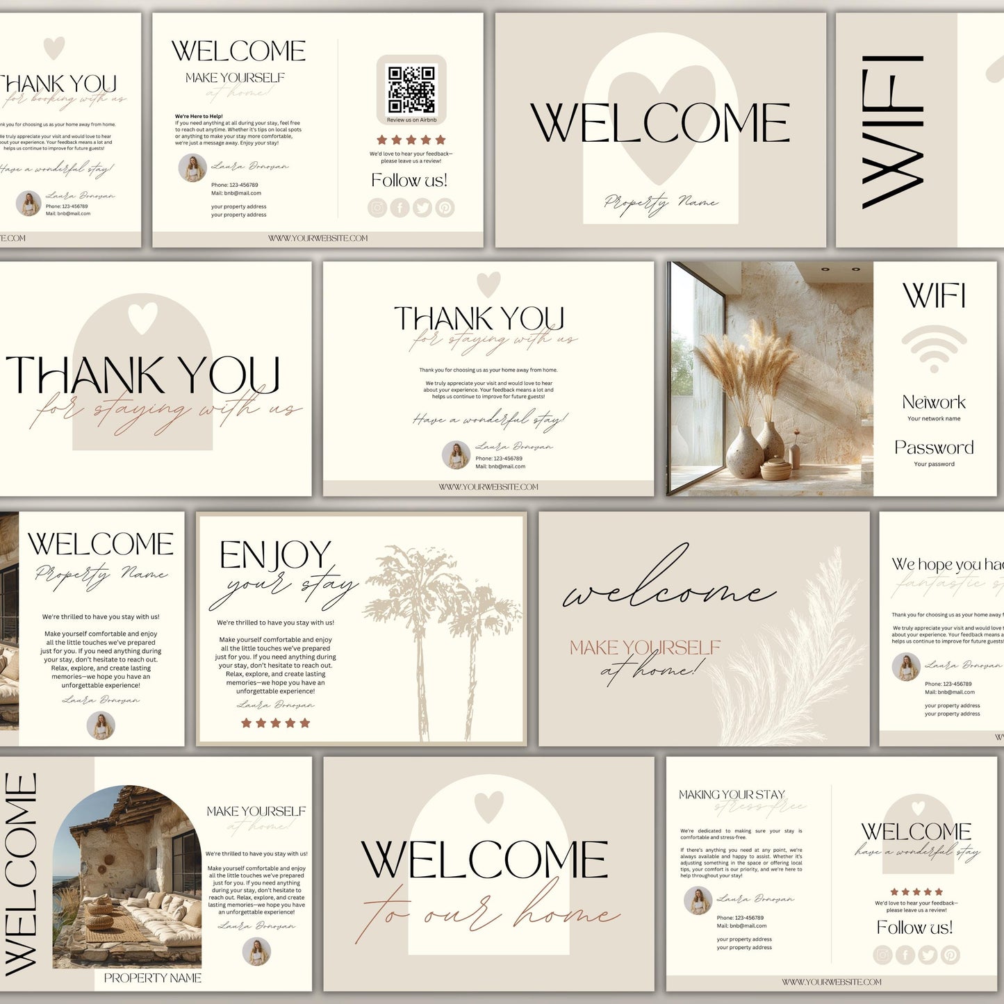 Collection of 20 neutral-toned Airbnb cards, including welcome, thank you, and WiFi cards, featuring modern typography, soft illustrations, and customizable layouts for short-term rental hosts.
