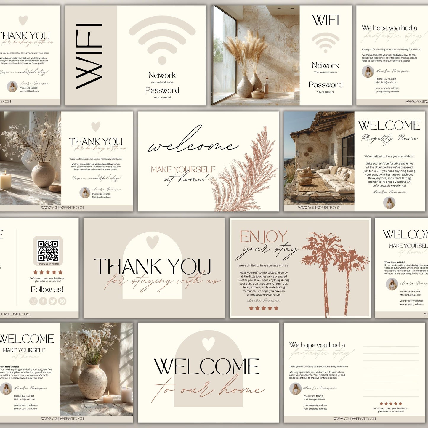 Collection of 20 neutral-toned Airbnb cards, including welcome, thank you, and WiFi cards, featuring modern typography, soft illustrations, and customizable layouts for short-term rental hosts.