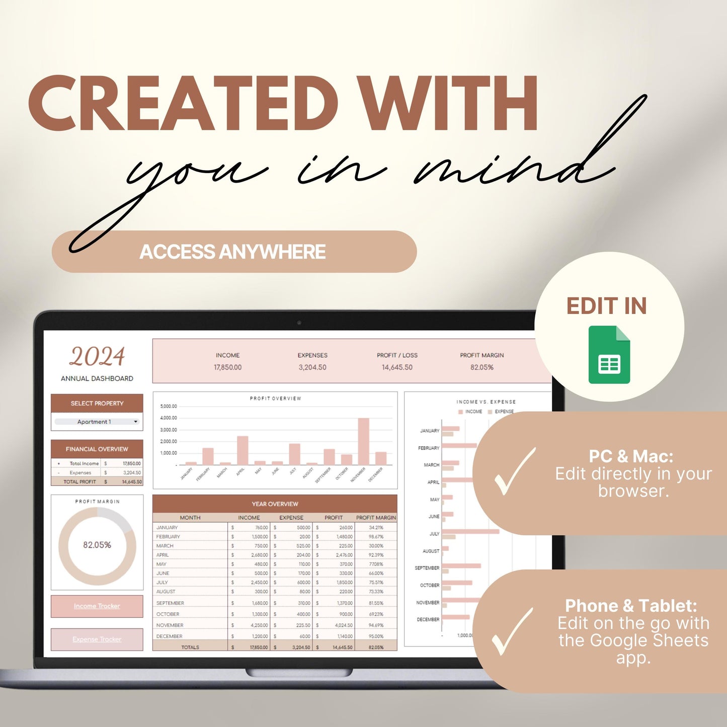 Promotional graphic for an Airbnb Multi-Property Tracker in Google Sheets.