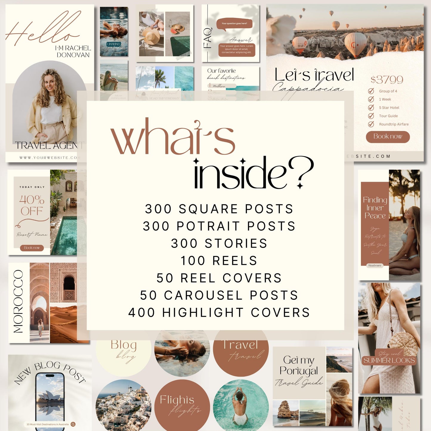 A promotional graphic detailing the contents of a travel-themed Instagram template bundle. The center features a cream-colored box with the title “What’s Inside?” and a list of digital assets included:
300 Square Posts
300 Portrait Posts
300 Stories
100 Reels
50 Reel Covers
50 Carousel Posts
400 Highlight Covers
The background showcases various example Instagram templates including travel guides, promotions, quotes, and highlight covers in soft, earthy tones with travel imagery like resorts, beaches