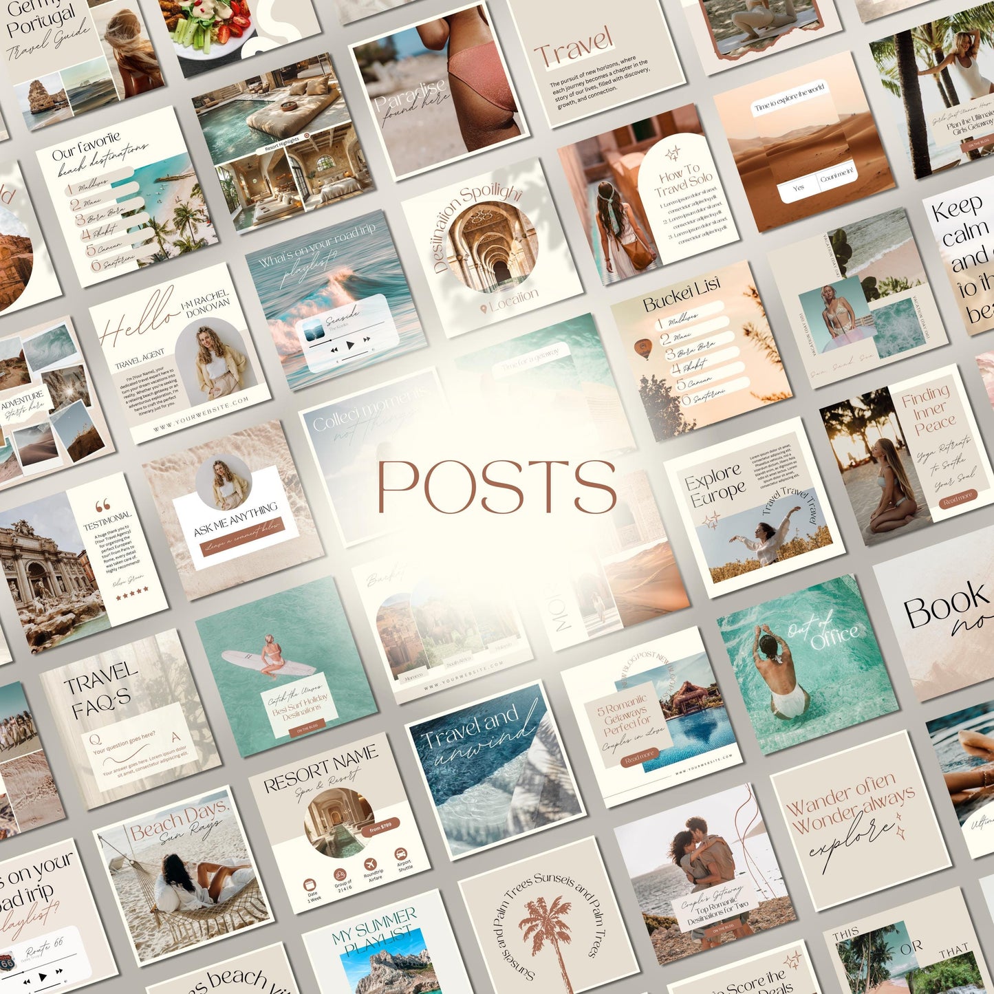 Grid of travel agent instagram templates.