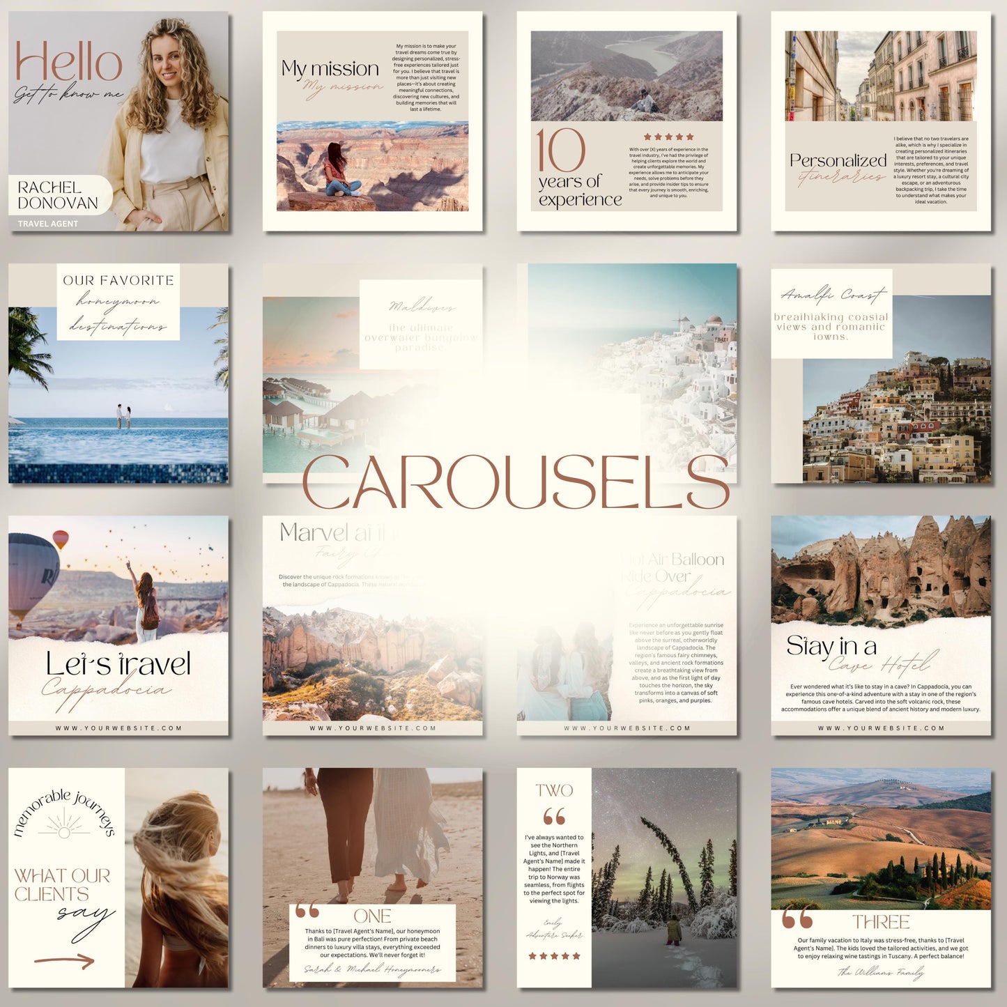 Grid of travel agent instagram templates.