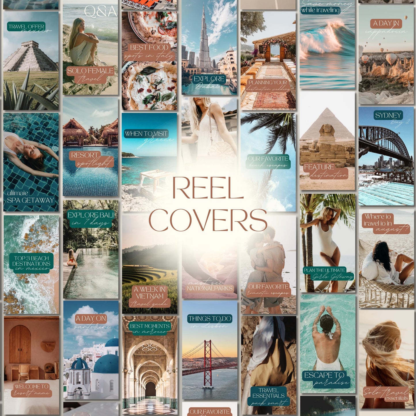 Grid of travel agent instagram templates.