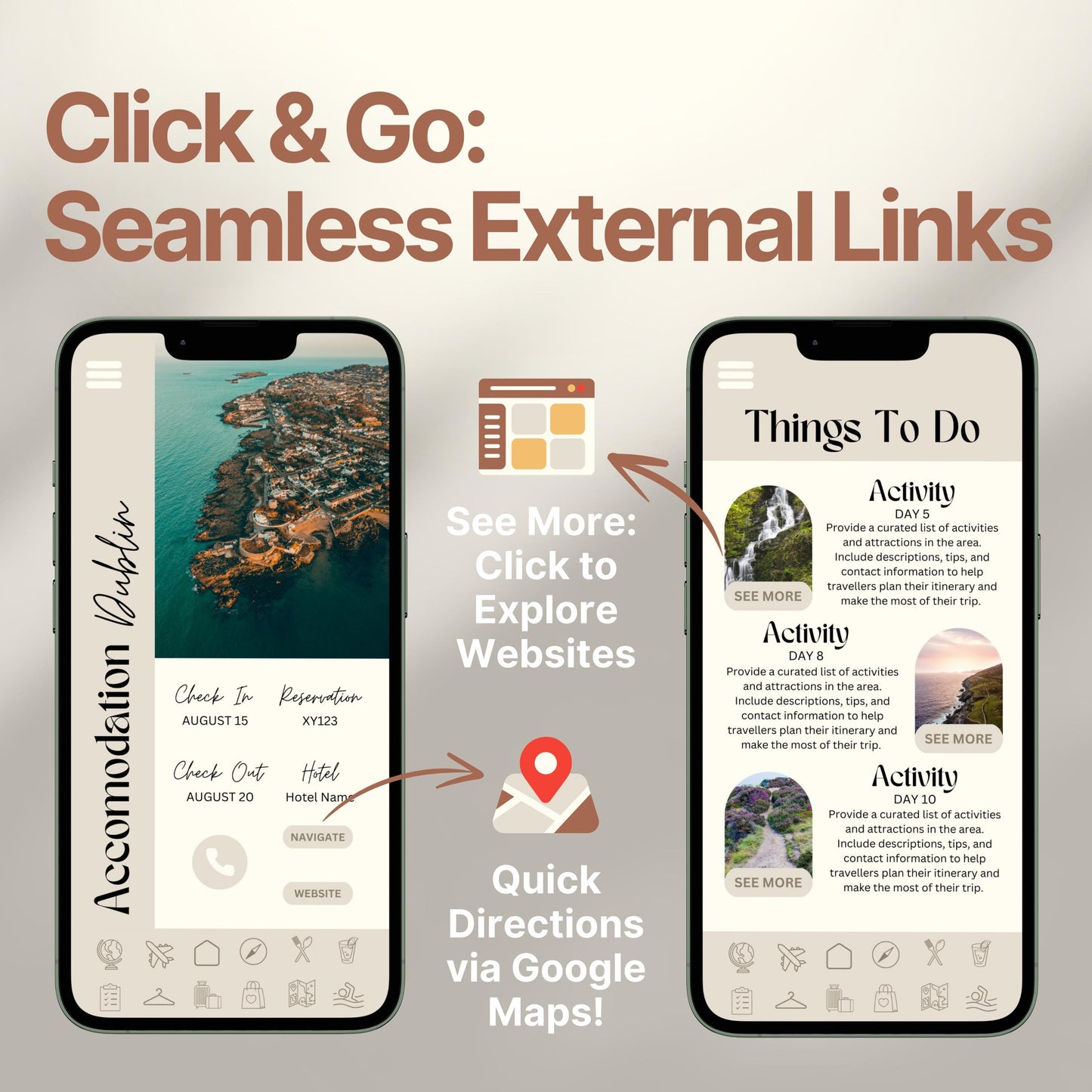 Two smartphones display an interactive digital travel guide interface. Text highlights features like “Quick Directions via Google Maps!” and “Click to Explore Websites,” emphasizing seamless external link integration for an app-like travel experience.