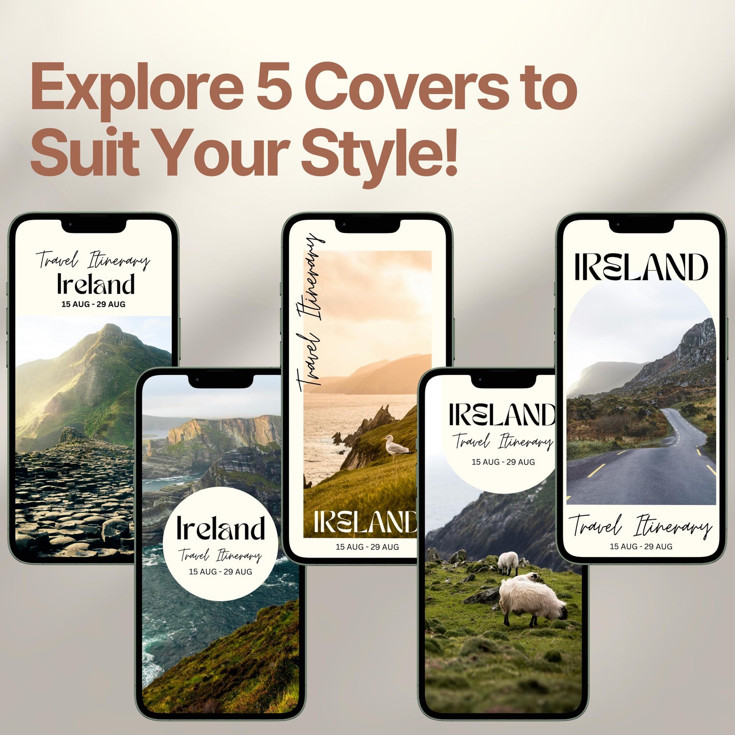 Five smartphone screens display different stylish cover designs. The headline above reads “Explore 5 Covers to Suit Your Style!” showcasing customization options for travelers.