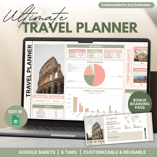 Digital travel planner displayed on a laptop screen featuring itinerary details, budget breakdown, and trip highlights with a photo of the Colosseum. Includes icons for Google Sheets editing, a customizable boarding pass, and highlights like Trevi Fountain and Florence Cathedral.