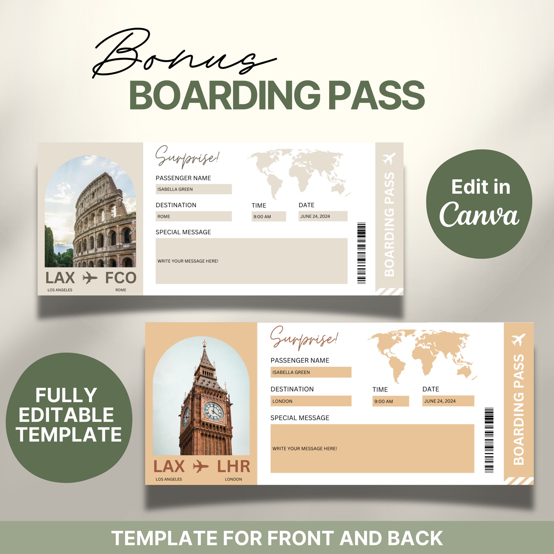 Editable Canva bonus boarding pass templates showing front and back designs with travel details for flights from Los Angeles to Rome and London. Each pass includes a destination image (Colosseum and Big Ben), a world map, and customizable fields for passenger name, date, time, and a personal message.