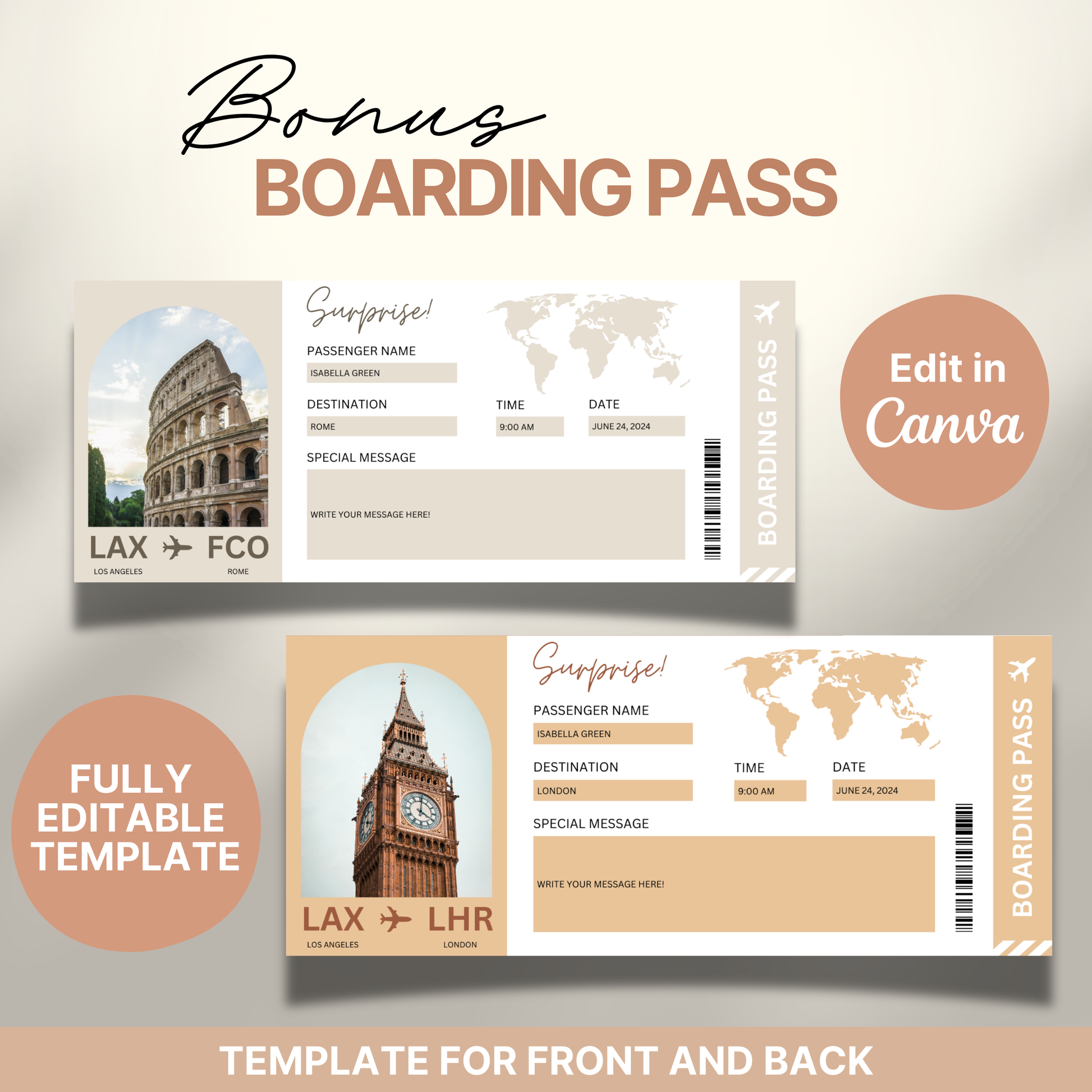 Editable Canva bonus boarding pass templates showing front and back designs with travel details for flights from Los Angeles to Rome and London. Each pass includes a destination image (Colosseum and Big Ben), a world map, and customizable fields for passenger name, date, time, and a personal message.