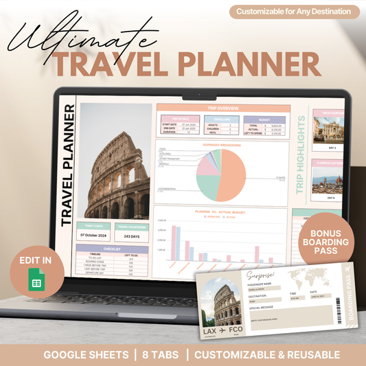 Digital travel planner displayed on a laptop screen featuring itinerary details, budget breakdown, and trip highlights with a photo of the Colosseum. Includes icons for Google Sheets editing, a customizable boarding pass, and highlights like Trevi Fountain and Florence Cathedral.