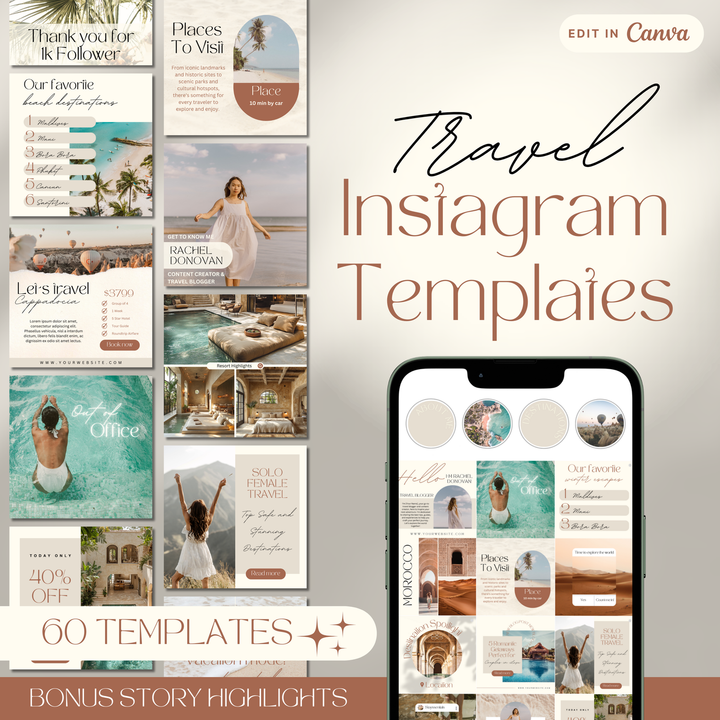 Promotional graphic showcasing 60 travel-themed Instagram templates designed for Canva.