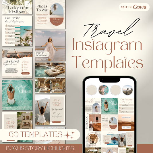 Promotional graphic showcasing 60 travel-themed Instagram templates designed for Canva.